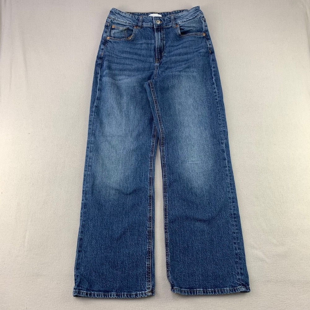 H&M Wide Leg Jeans Womens 10 Blue Denim High Waist Stretch Faded Rodeo Boho